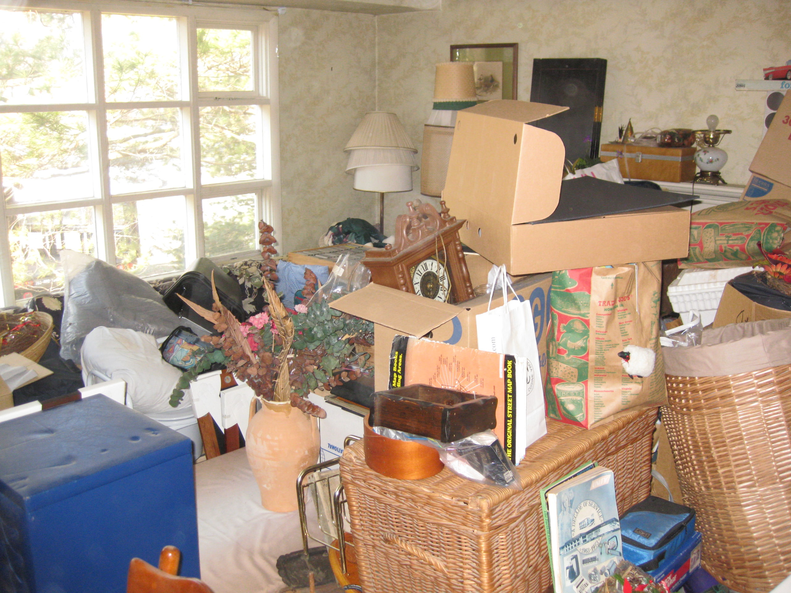 Cluttered living room filled with boxes, bags, baskets, and miscellaneous household items blocking furniture and surfaces