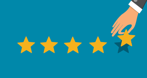 Illustration of a hand placing the final star in a five-star rating on a blue background