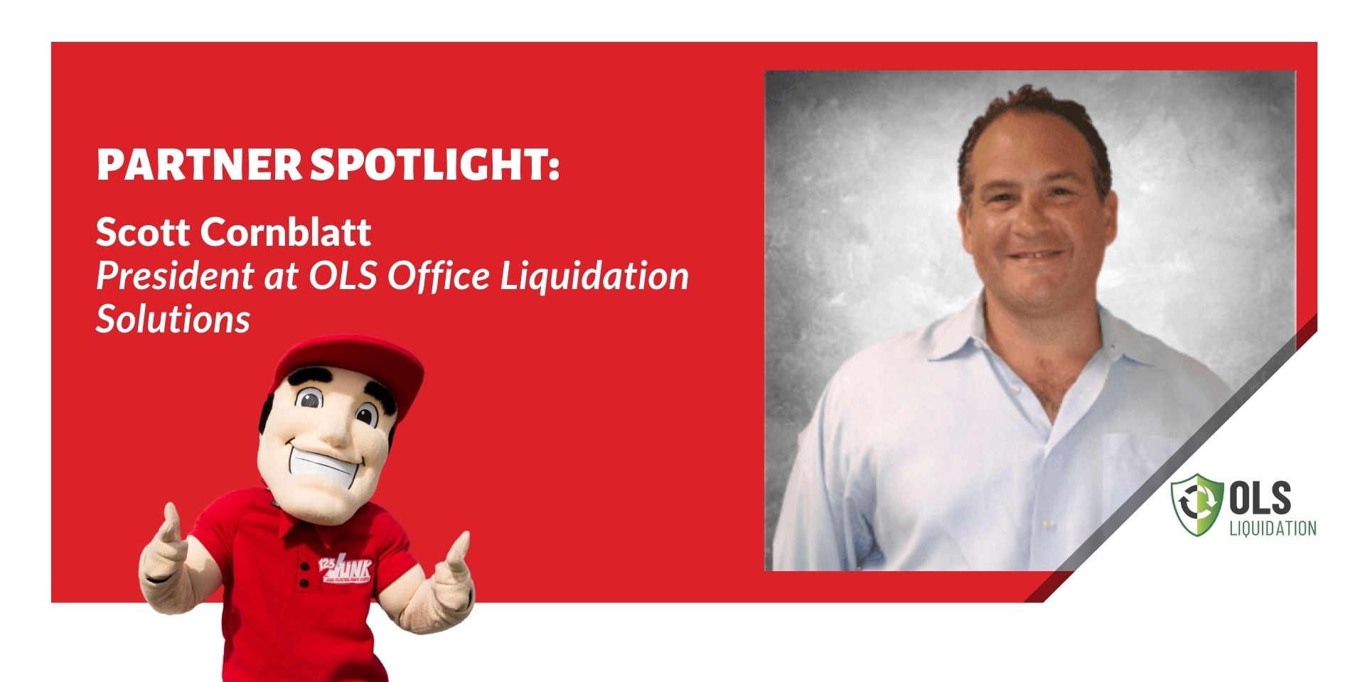 headshot of man smiling on the right with text and company mascot on the left