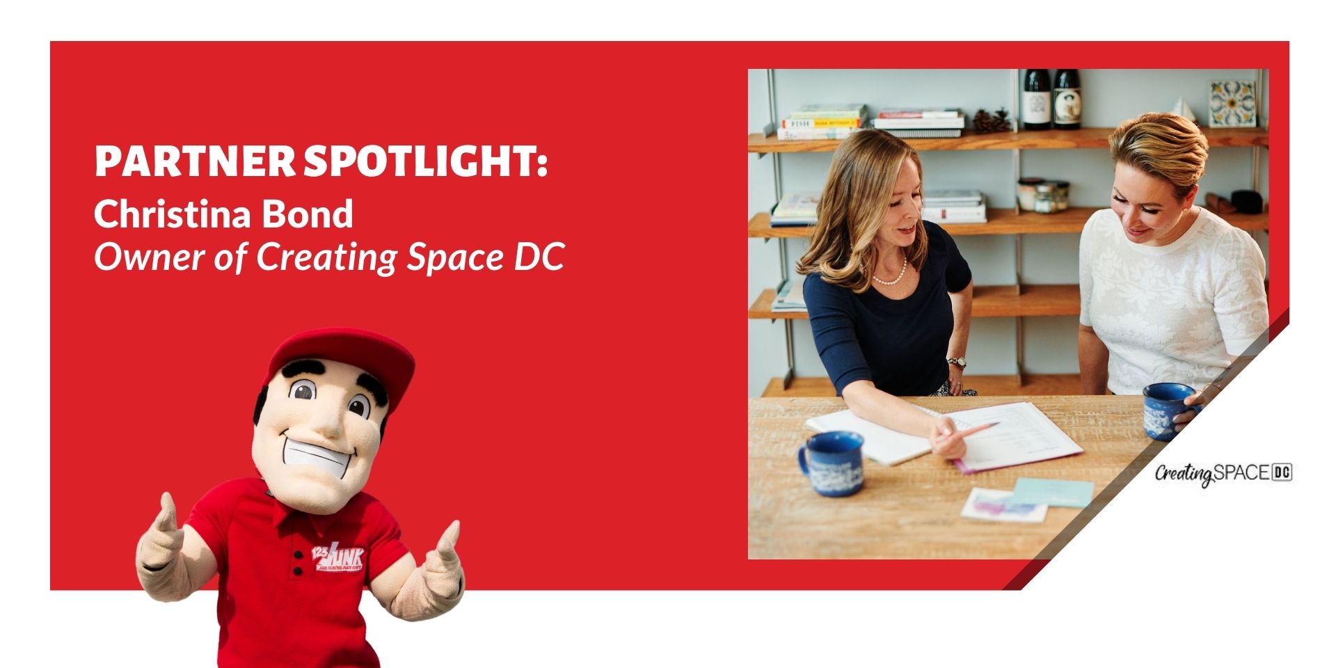 Red graphic featuring Christina Bond, owner of Creating Space DC, with photo of her and another woman at a table