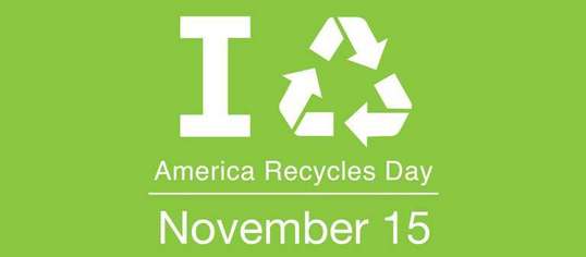 Graphic displays the text I Recycle America Recycles Day November 15 with a recycle symbol