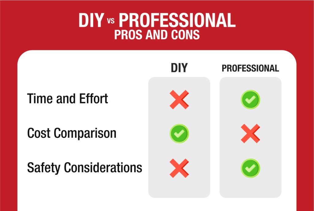 Comparison chart titled "DIY vs Professional Pros and Cons" with checks and X marks for time, cost, and safety considerations