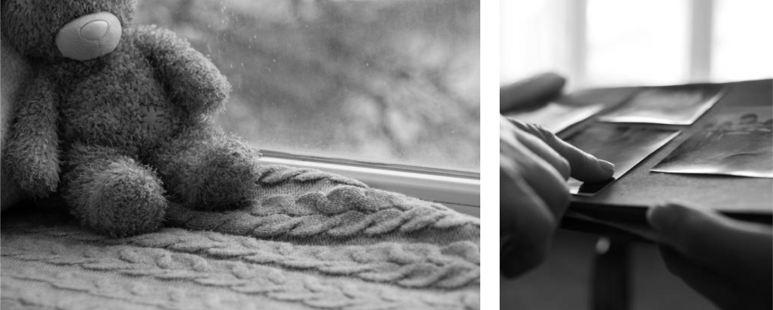 Black-and-white split image showing a teddy bear on a knitted blanket by a window on the left, and hands flipping through a photo album on the right