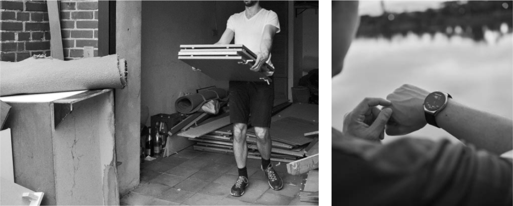Black-and-white split image with a man carrying wooden boards out of a garage on the left, and a close-up of a person checking their wristwatch on the right