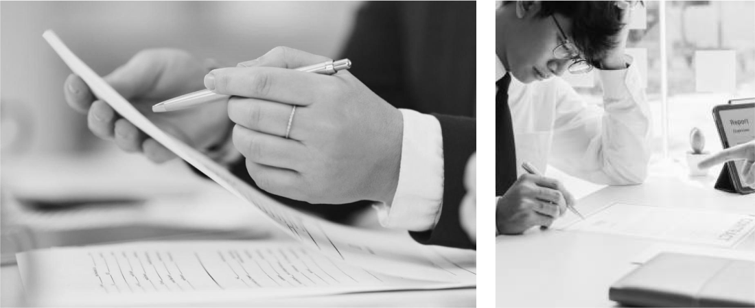 Black-and-white split image showing a person reviewing documents with a pen on the left, and another person stressed while writing at a desk on the right