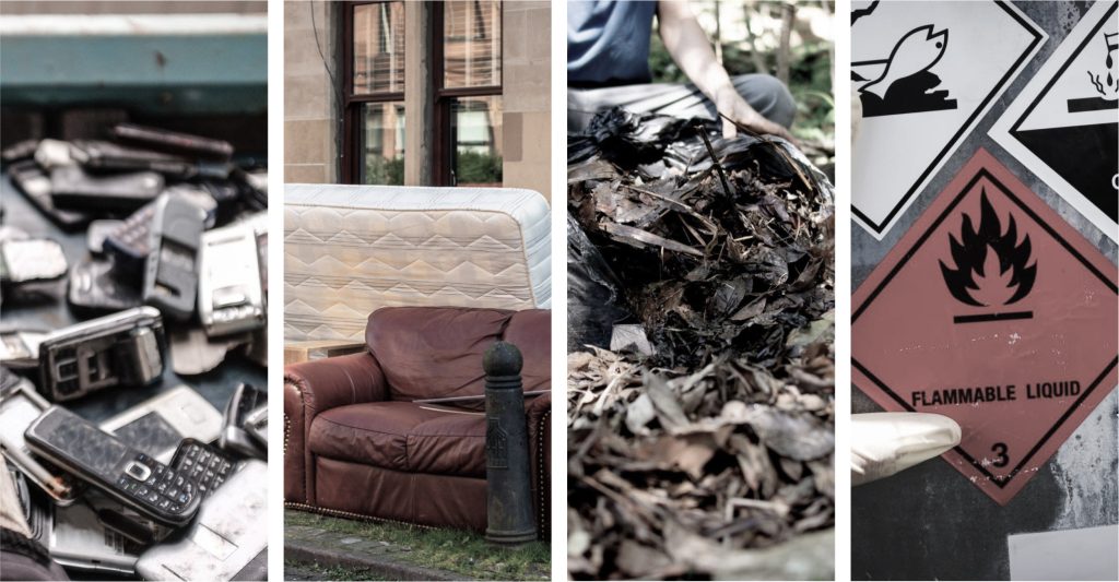 Four vertical images showing junk types including old cell phones, discarded furniture, yard waste, and flammable hazardous materials