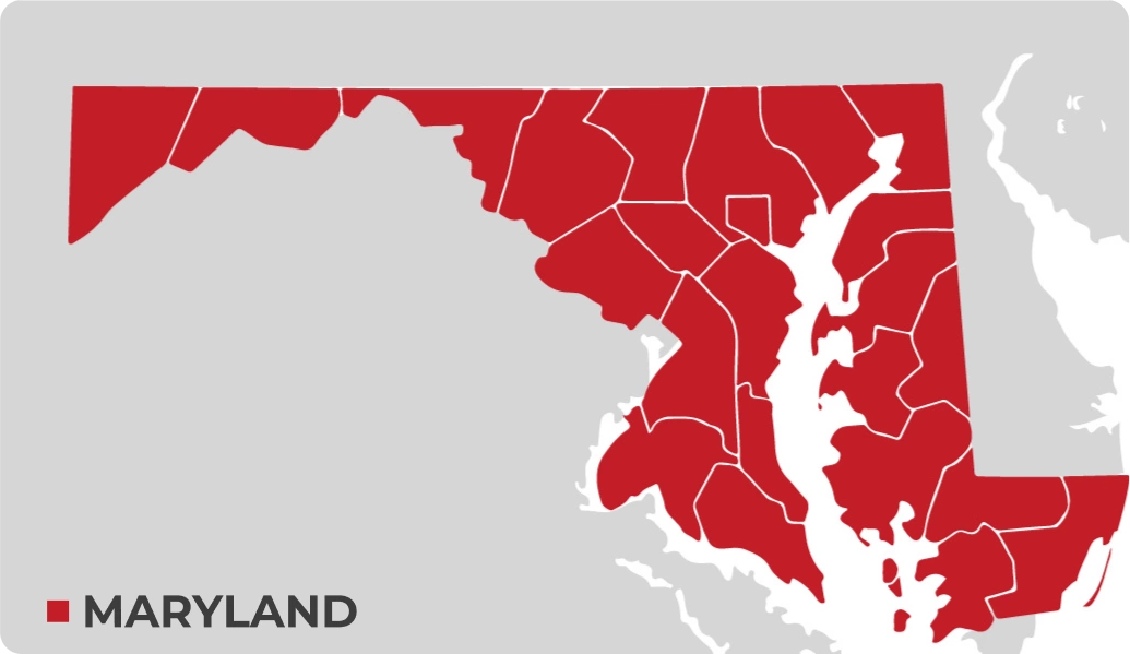 Map of Maryland with counties highlighted in red against a gray background and the label “Maryland” in the corner