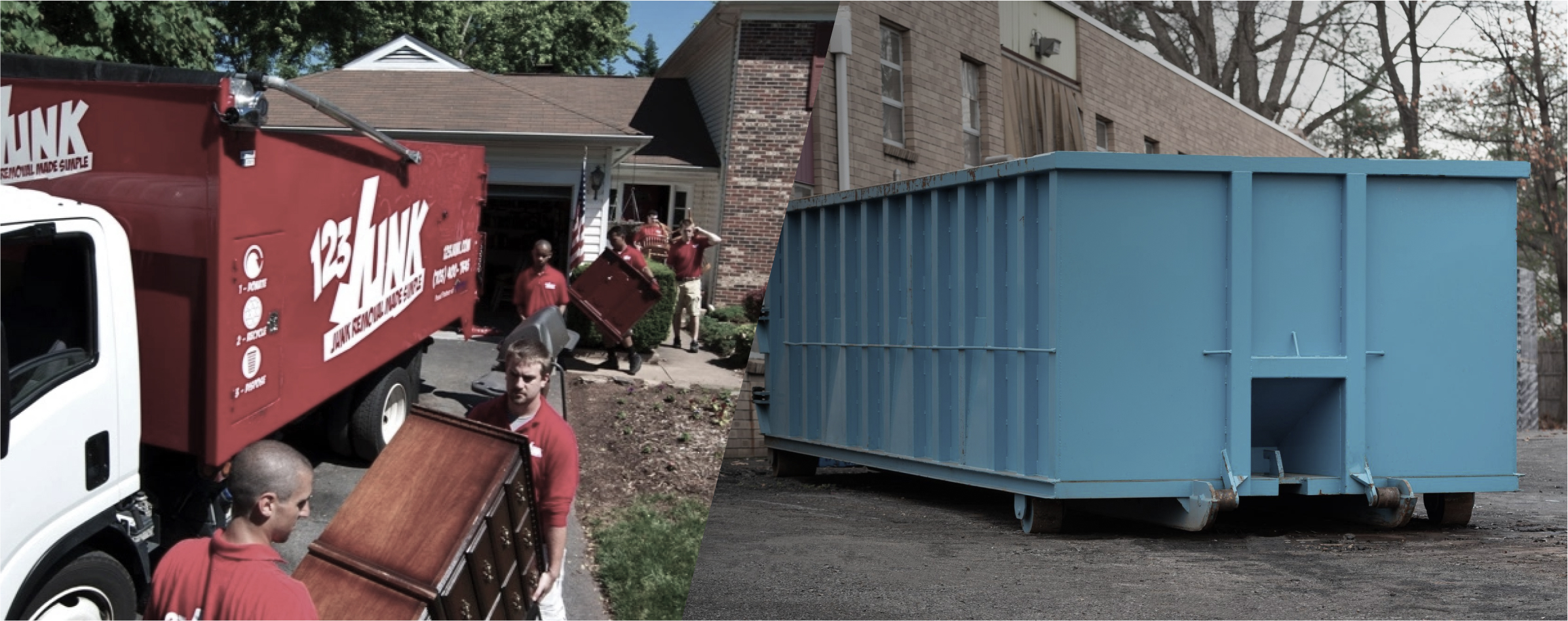Workers loading furniture into a 123JUNK truck on the left and a large empty blue dumpster on the right