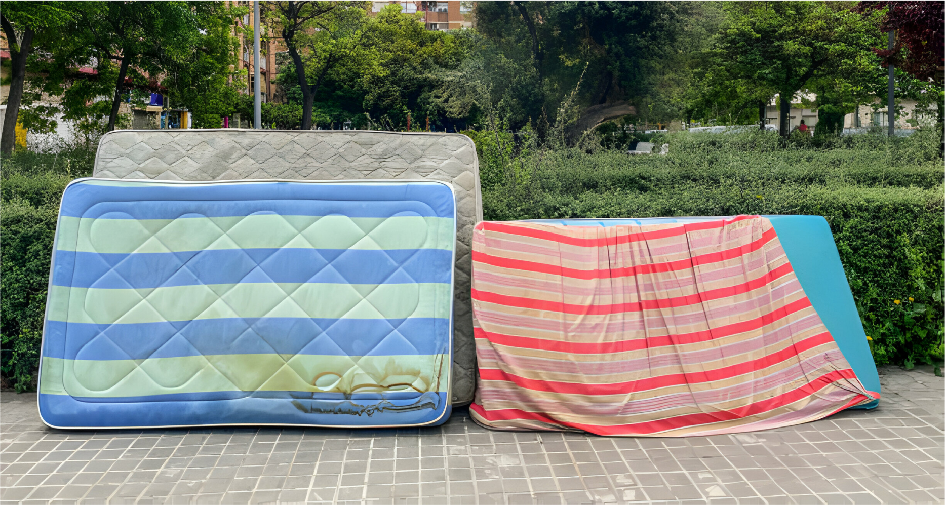 Several mattresses propped up outdoors against a backdrop of trees and bushes