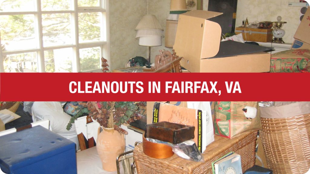 A cluttered room filled with various items like old furniture, boxes, and household items scattered around, symbolizing the need for a cleanout. overlay text "clean out in fairfax, VA".